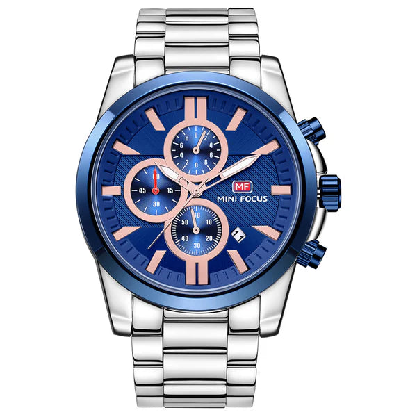Mini Focus Silver Stainless Steel Blue Dial Chronograph Quartz Watch for Gents - MF0134G-01