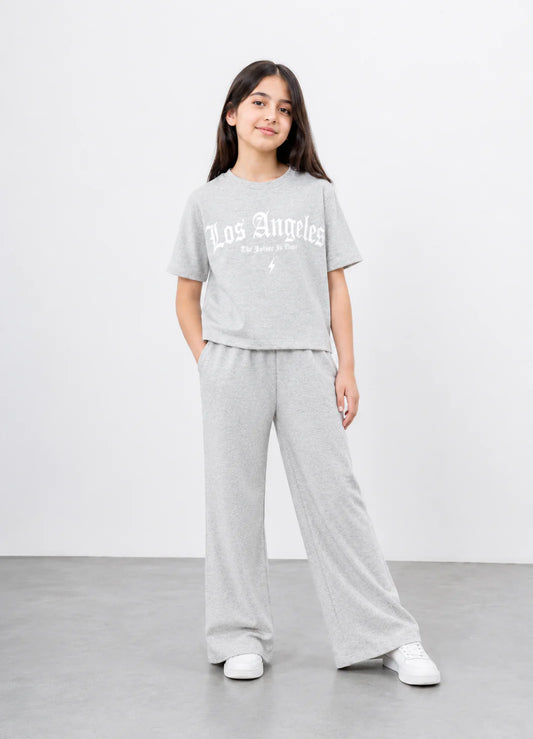 Girls Grey Ribbed "Los Angeles" Matching Co-ord Set | Crop Top & Wide-Leg Pants